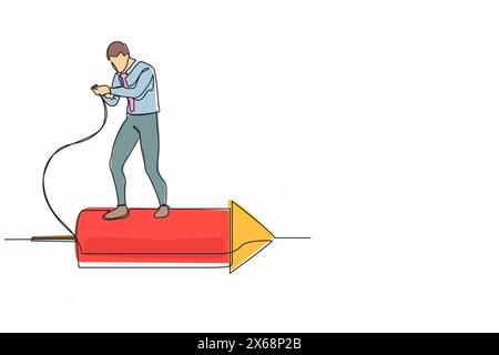 Continuous one line drawing businessman standing on firework rocket and trying to set it on fire to growth his career track. Agility or innovation for Stock Vector