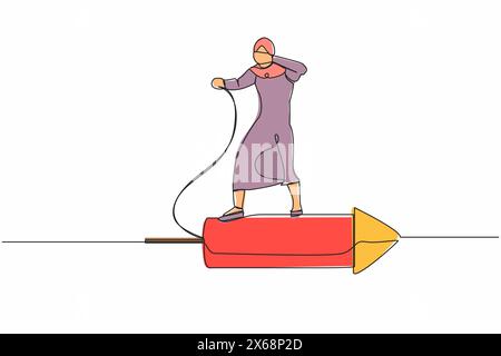 Continuous one line drawing Arab businesswoman standing on firework rocket, trying to set it on fire to growth career track. Agility motivation for su Stock Vector