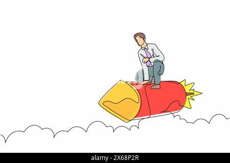 Continuous one line drawing active businessman riding firework rocket through the sky. Ready for launch business innovation and winning competition. S Stock Vector