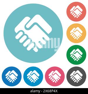 Handshake solid flat white icons on round color backgrounds Stock Vector