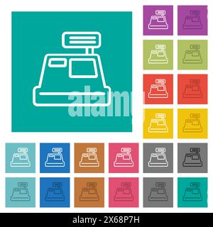 Cash register outline multi colored flat icons on plain square backgrounds. Included white and darker icon variations for hover or active effects. Stock Vector