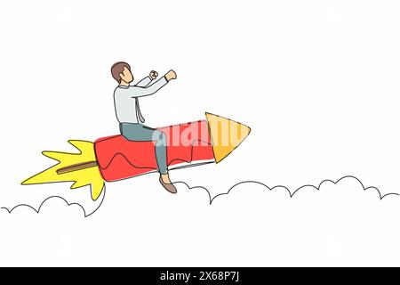 Continuous one line drawing businessman sitting astride a rocket and flying through the air. Successful business, leadership concept. Minimalist metap Stock Vector