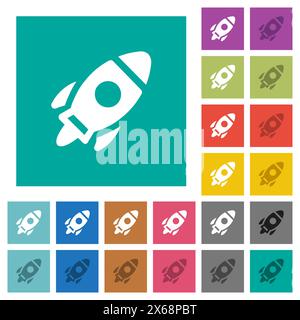 Launched rocket solid multi colored flat icons on plain square backgrounds. Included white and darker icon variations for hover or active effects. Stock Vector