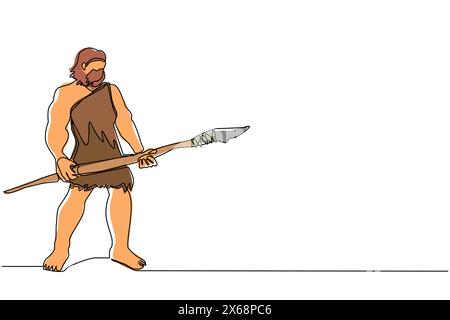 Continuous one line drawing caveman standing and holding big stone spear. Prehistoric bearded man dressed in animal pelt. Neanderthal hunter. Ancient Stock Vector