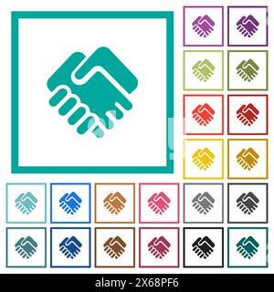 Handshake solid flat color icons with quadrant frames on white background Stock Vector