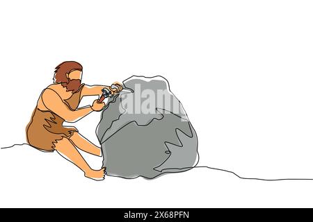 Single one line drawing prehistoric ancient primitive cave tribe man. Wild prehistoric character sitting, writing, carving stone age inscription on ro Stock Vector