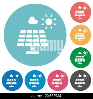 Solar energy flat white icons on round color backgrounds Stock Vector