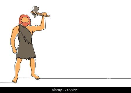 Single one line drawing caveman holding and raised stone axe overhead. Prehistoric man hunter. Ancient man is hunting animal for food. Modern continuo Stock Vector