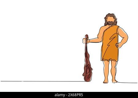 Single one line drawing caveman standing and holding big cudgel. Prehistoric bearded man dressed in animal pelt. Neanderthal hunter. Ancient homosapie Stock Vector