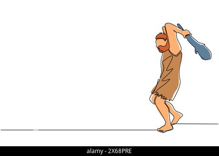 Single continuous line drawing caveman holding and raised cudgel overhead. Prehistoric man hunter. Ancient man is hunting animal for food. Dynamic one Stock Vector