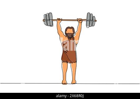 Continuous one line drawing prehistoric man as weightlifter lifting barbell. Young man from the stone age. man keeping fit by weight lifting. Single l Stock Vector