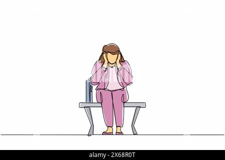 Single one line drawing sad businesswoman, depression. Lonely woman sitting on park bench. Young female character holding her head. Failure concept. C Stock Vector