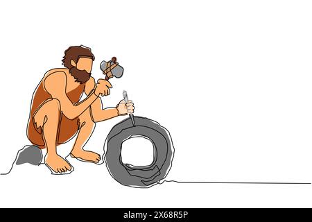 Continuous one line drawing prehistoric primitive people isometric composition with ancient human character trundling wheel made of stone. Caveman inv Stock Vector