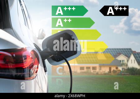 Close up of electric car inlet with energy label Stock Photo