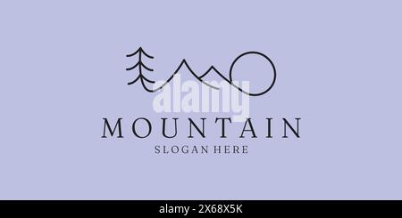 one line logo of mountain tree and sun icon vector illustration simple minimalist design Stock Vector