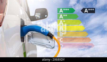 Close up of electric car inlet with energy label Stock Photo