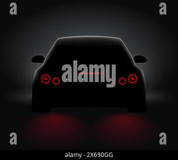 Car back view night light rear led realistic view. Car light in night dark background concept Stock Vector