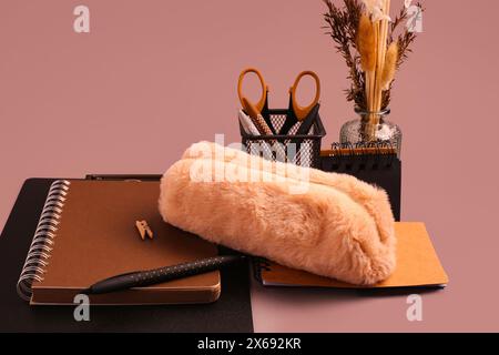 Pencil case, pens, notebooks, holder and vase with pampas grass on brown background Stock Photo
