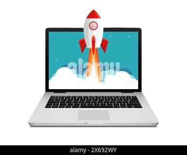 Vector rocket launch website computer concept illustration. Business start rocket launch Stock Vector