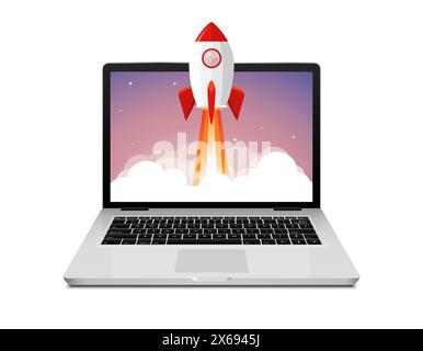 Vector rocket launch website computer concept illustration. Business start rocket launch Stock Vector
