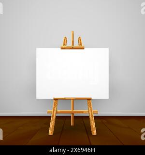 Wooden easel canvas board isolated stand in front wall. Blank empty vector easel poster billboard Stock Vector