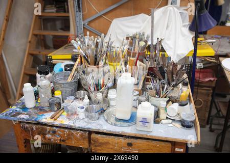 Artist studio, workshop, artist tools, paints, brushes, Stock Photo