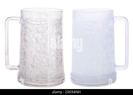 Two empty beer mugs with ergonomic handle isolated on white background with copy space Stock Photo