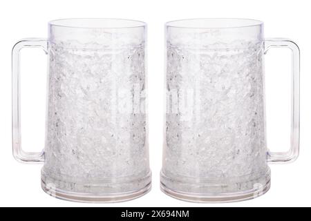 Two empty beer mugs with ergonomic handle isolated on white background with copy space Stock Photo