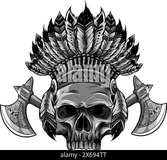 Vector monochrome illustration of stylized skull wearing native American war bonnet. Stock Vector