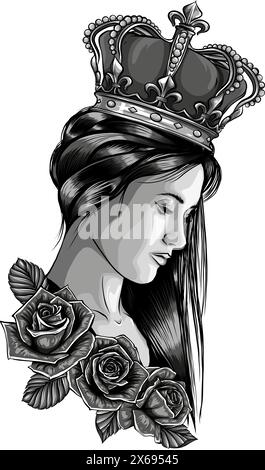 woman with crown and roses in monochrome style isolated vector illustration Stock Vector