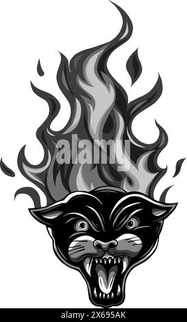 Monochrome ferocious panther head with flames isolated vector illustration Stock Vector