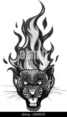 monochrome leopard head with flames vector illustration design Stock Vector
