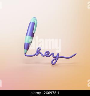 Pen drawing word hey - stylized 3d CGI icon object Stock Photo