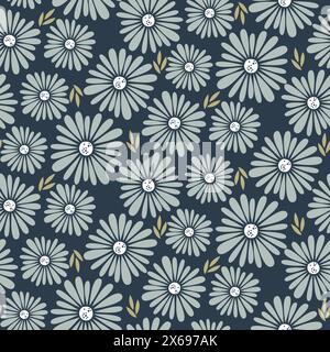 Daisy meadow dark blue background retro color bold flowers tender seamless pattern. Fabric floral design. Stock Vector