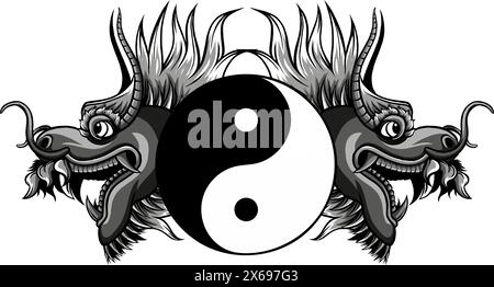 Japanese dragon head vector illustration in vintage monochrome style isolated on white background Stock Vector