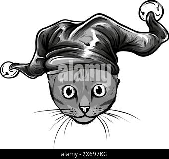 Cat head with joker hat vector illustration in vintage monochrome style isolated on white background Stock Vector