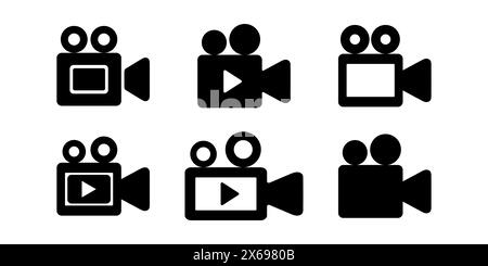 Collection of six black video camera icons with various play buttons on white background. For video production and vlogging. Stock Vector