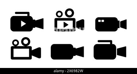 Video camera icons set in black. Icons with camera symbol, film camera, play button. For video production and vlogging. Stock Vector