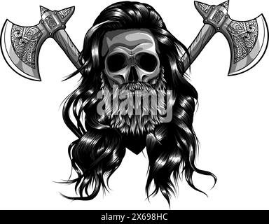 Vikings skull with weapon ax vector grunge illustration isolated on white background Stock Vector