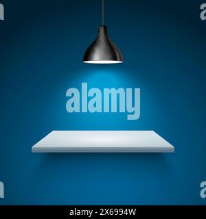 Spotlight shelf on wall background vector design. Light gallery spot empty room advertising shelf lamp Stock Vector