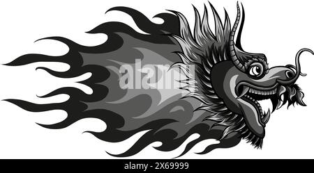 vector illustration of Monochrome Dragon head with flames Stock Vector