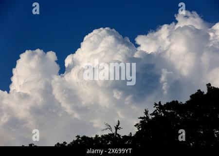 Gewittersaison 2024 Mächtige Wolkengebirge aus der Gattung der vertikalen Wolken zeigen sich im Frühling am Himmel und bringen vereinzelt Regen mit teils eingelagerten Gewittern. *** Thunderstorm season 2024 Mighty mountains of clouds from the genus of vertical clouds appear in the sky in spring and bring scattered rain with some embedded thunderstorms Stock Photo