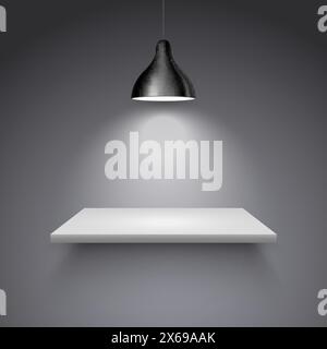 Spotlight shelf on wall background vector design. Light gallery spot empty room advertising shelf lamp Stock Vector