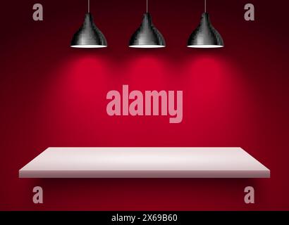 Spotlight shelf on wall background vector design. Light gallery spot empty room advertising shelf red lamp Stock Vector