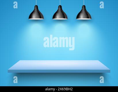 Spotlight shelf on wall background vector design. Light gallery spot empty room advertising shelf lamp Stock Vector
