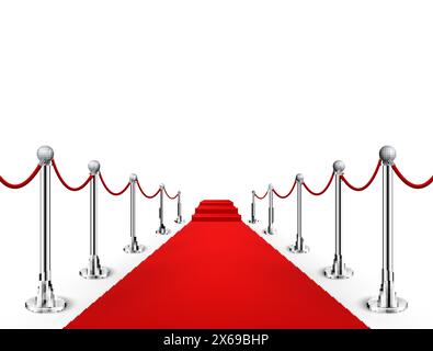 Red carpet event silver barriers background realistic vector illustration. Red carpet luxury entrance celebrity event presentation Stock Vector