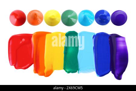 Set with paint samples of different colors isolated on white, top view Stock Photo