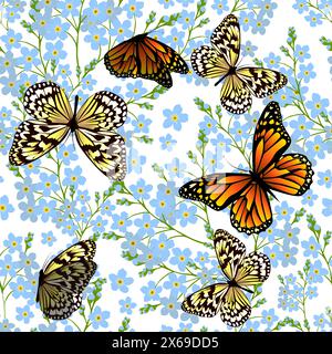 Seamless pattern of blue forget-me-nots with butterflies. Hand drawing. Not AI. Vector illustration Stock Vector