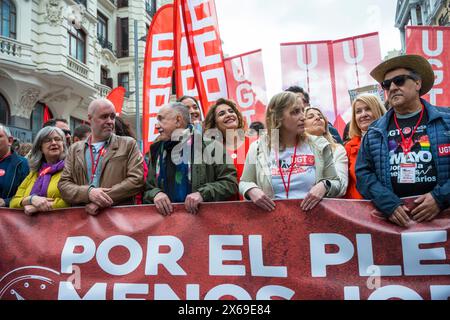 Pepe Alvarez, MarIa JesUs Montero, and  Marina Prieto  seen before the traditional 1st May International Labour Day demonstration organised by the trade unions, CCOO, Comisiones Obreras, Workers Commissions, UGT, Union General de Trabajadores, in the centre of Madrid Spain May 1st 2024 Stock Photo