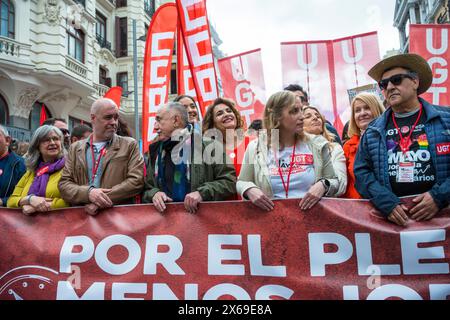 Pepe Alvarez, MarIa JesUs Montero, and  Marina Prieto  seen before the traditional 1st May International Labour Day demonstration organised by the trade unions, CCOO, Comisiones Obreras, Workers Commissions, UGT, Union General de Trabajadores, in the centre of Madrid Spain May 1st 2024 Stock Photo